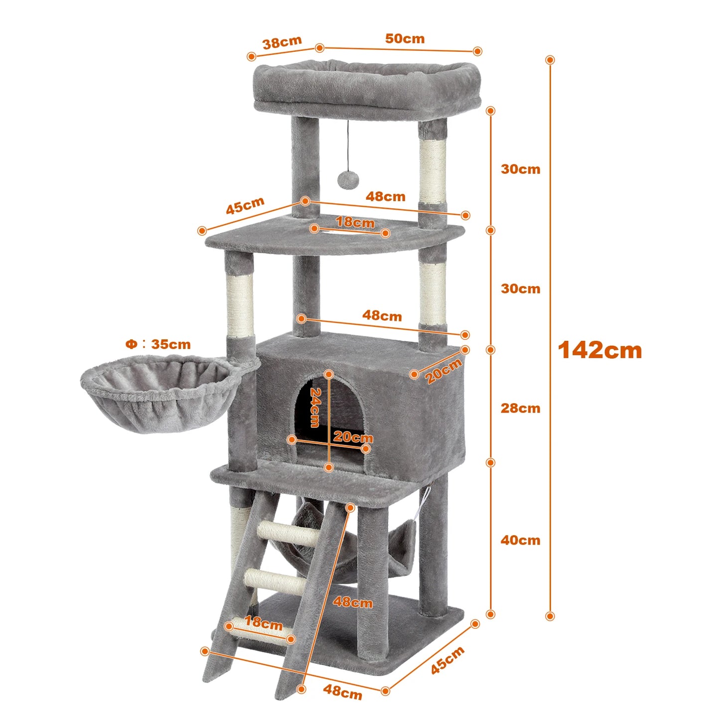 Extra Large Multi-Level Cat Tree with Hammock, Scratching Sisal Post, Ladder, and Perch - Speedy Pet