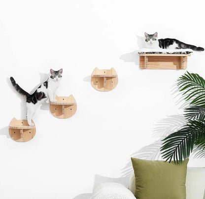 Wall-Mounted Cat Climbing Hammock & Scratching Post - Wooden Furniture Ladder for Cats to Sleep & Play