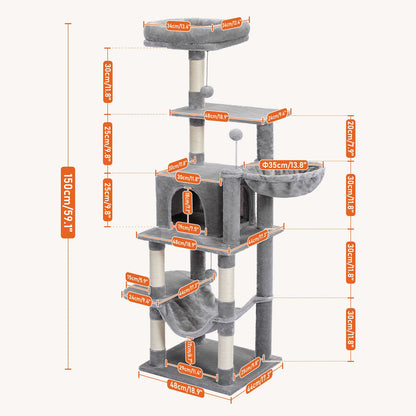 PAWZ Road Multi-Level Cat Tree House Condo Playground with Hammock for Large Cats and Kittens