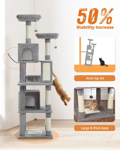 Tall Indoor Cat Tree Tower with Multi-Level Perches, Hammock & Sisal Scratching Posts - 180CM