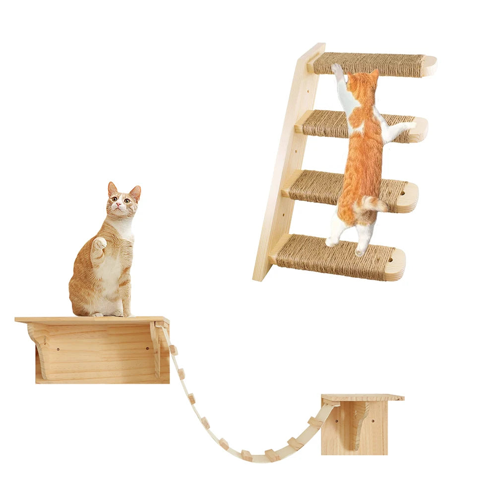 Wall-Mounted Cat Furniture Hammock & Climbing Shelves with Scratching Post and Sisal Ladder - Durable Wooden Cat Climbing Frame by PATYOCAT