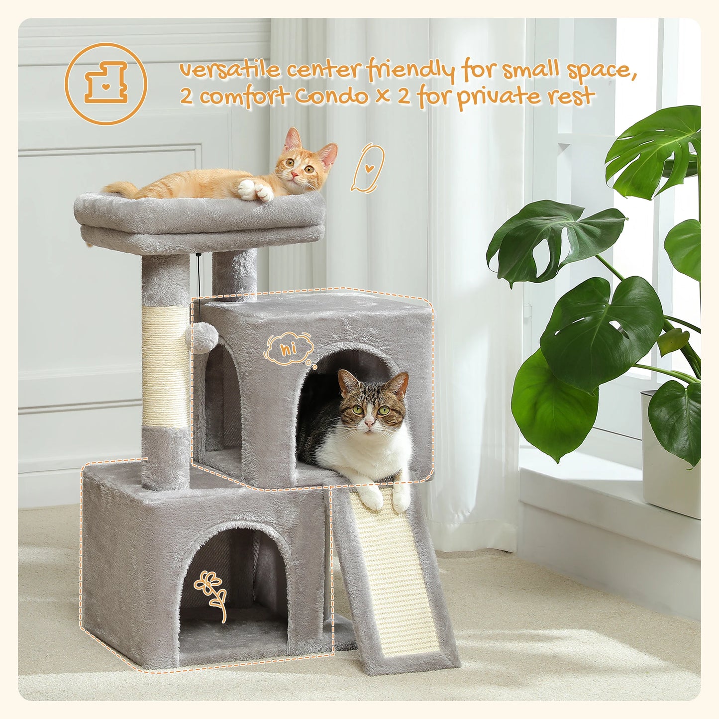 Luxury Cat Tree Tower with Double Condos, Spacious Perch, Hammock, Sisal Scratching Posts & Dangling Balls