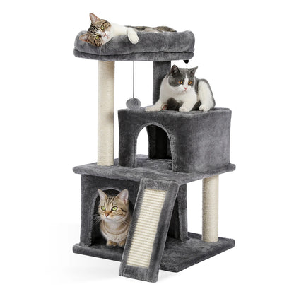 Luxury Cat Tree Tower with Double Condos, Spacious Perch, Hammock, Sisal Scratching Posts & Dangling Balls